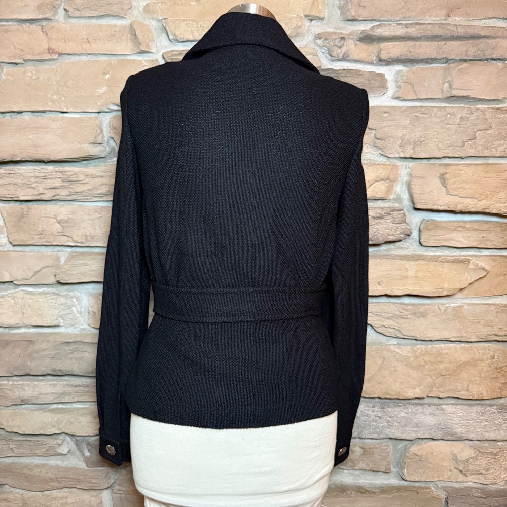 St. John Black Knit Jacket Blazer Size 4 Silver Logo Buttons USA Made - Picture 4 of 11